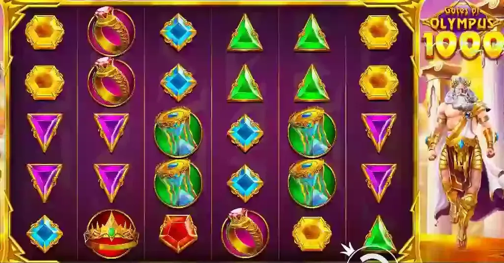 Gates of Olympus 1000 Schermata di gioco slot Gates of Olympus con simboli preziosi e Zeus