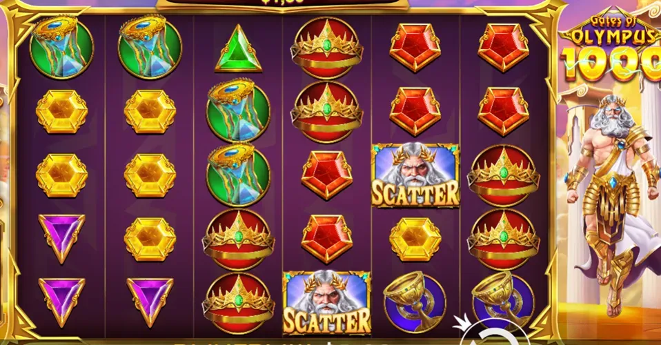Gates of Olympus 1000 Schermata di gioco slot Gates of Olympus con simboli e Zeus