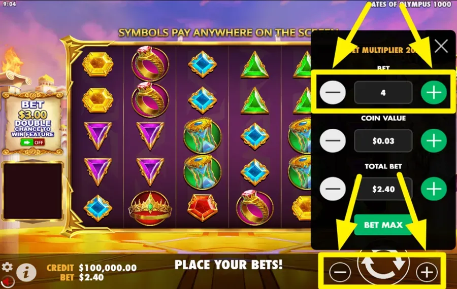 Gates of Olympus 1000 Schermata gioco slot machine con menu puntate e simboli gemme