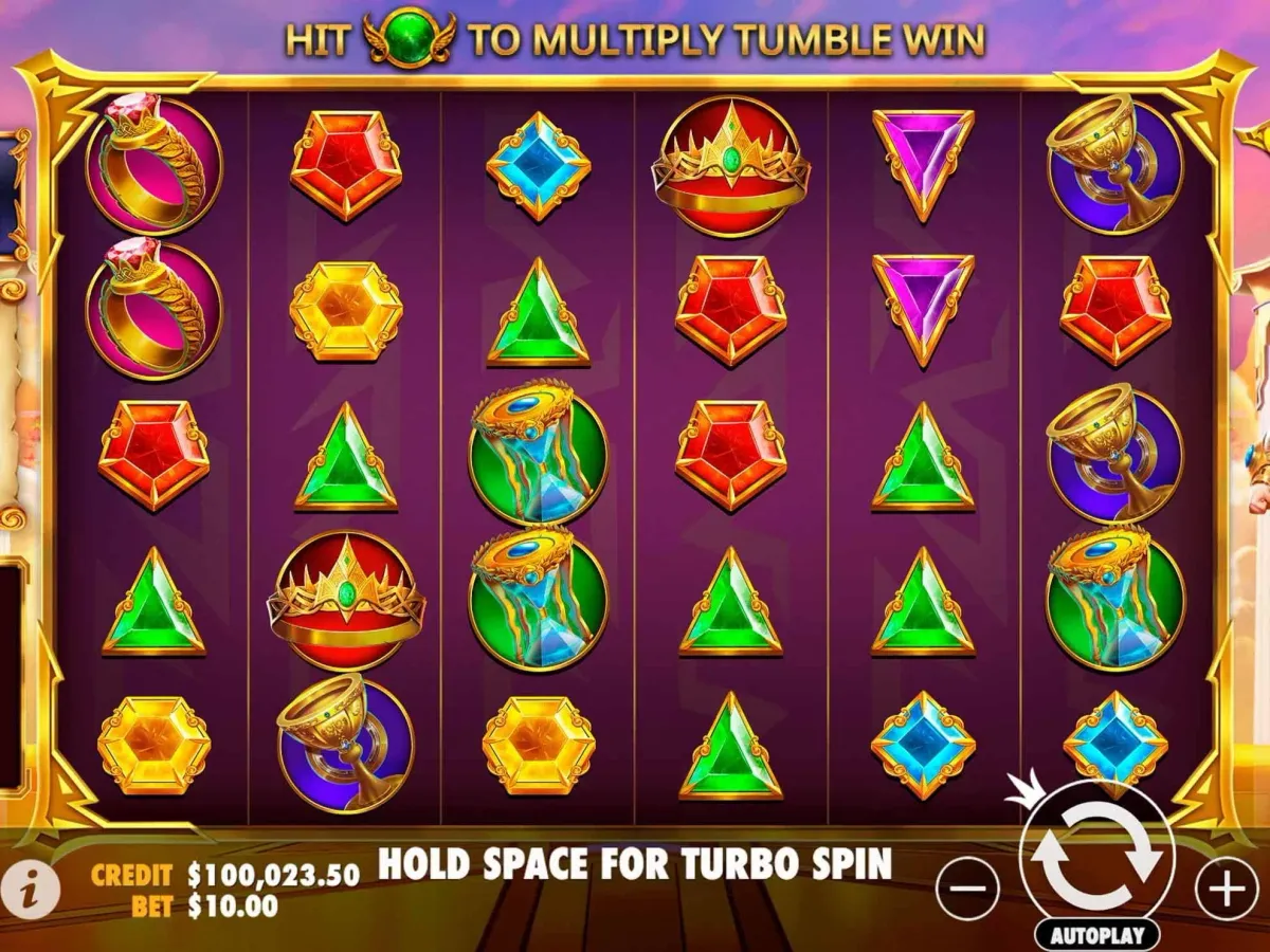 Gates of Olympus 1000 Schermata di gioco slot machine con simboli di gemme colorate