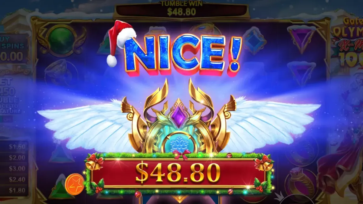 Gates of Olympus 1000 Vincita slot natalizia $48.80 con scritta NICE! e ali